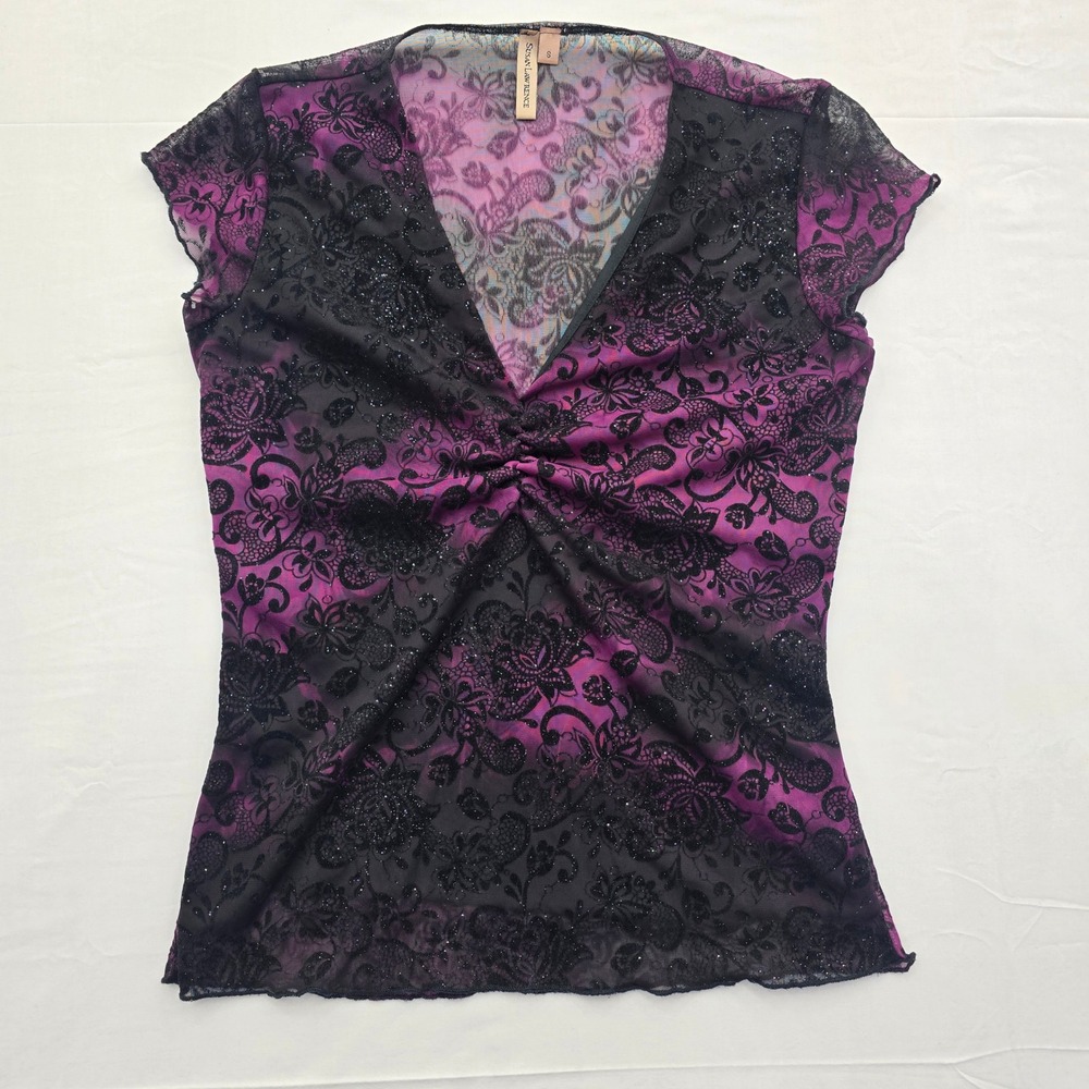 Y2K Sheer Mesh Top S Purple Black Glitter Floral Twist Front Made in USA